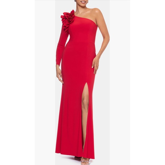 NWT XSCAPE Evenings Ruffle One-
Shoulder Gown Red Sz 10 Petite $239 - Picture 1 of 5